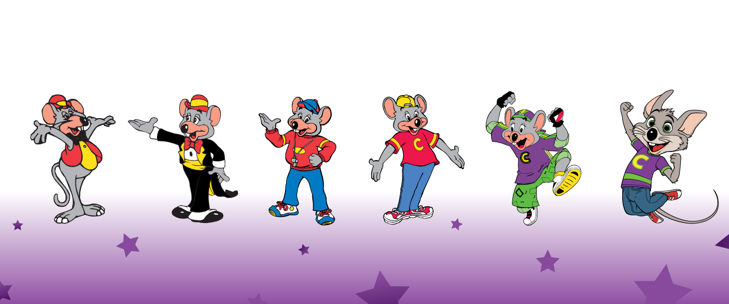 Chuck E. through the years, with 6 different Chuck E.'s